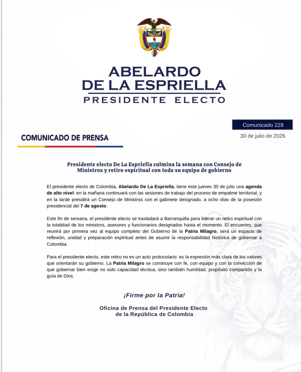 Comunicado equipo de prensa de Abelardo De La Espriella.