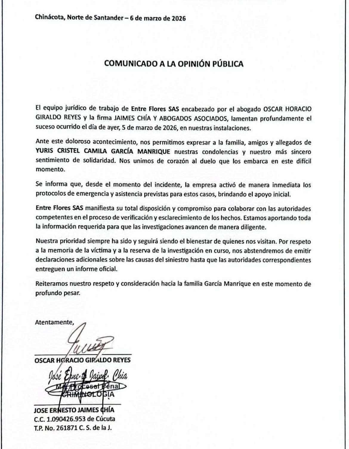 Comunicado oficial de Entre Flores tras el fallecimiento de la joven de 28 años - Enre Flores SAS