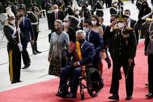 Ecuador's outgoing President Lenin Moreno arrives with his wife First Lady Rocio Gonzalez for the inauguration of President-elect Guillermo Lasso at the National Assembly in Quito, Ecuador, Monday, May 24, 2021. (AP Photo/Dolores Ochoa)
