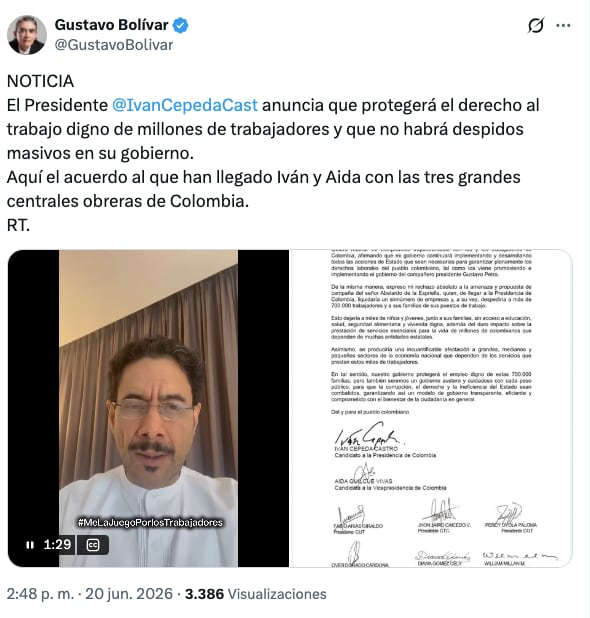 La publicación en X de Gustavo Bolívar.