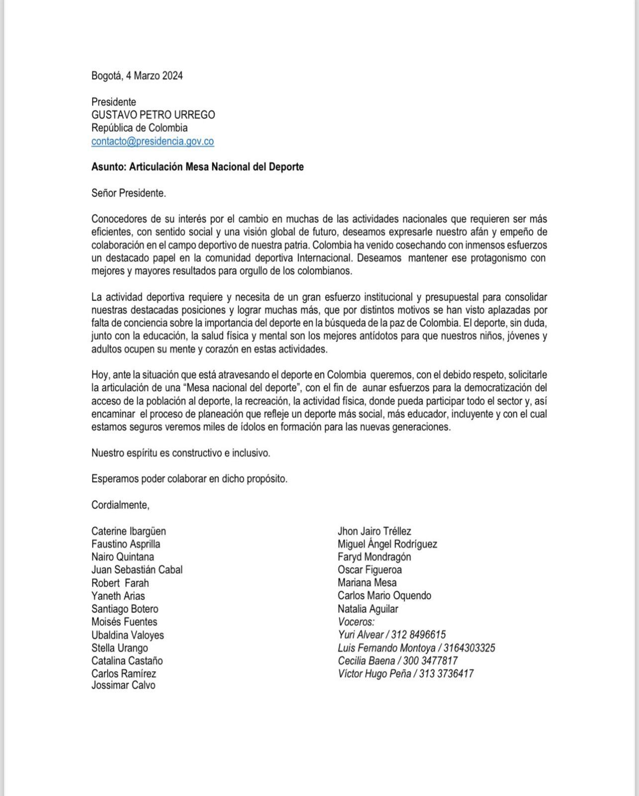 Múltiples medallistas olímpicos y deportistas comprometidos con el orgullo nacional, mandan carta a Gustavo Petro