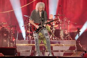 SYDNEY, AUSTRALIA - FEBRUARY 16: Brian May (L) and Roger Meddows Taylor (R) of Queen perform during Fire Fight Australia at ANZ Stadium on February 16, 2020 in Sydney, Australia. (Photo by Cole Bennetts/Getty Images)