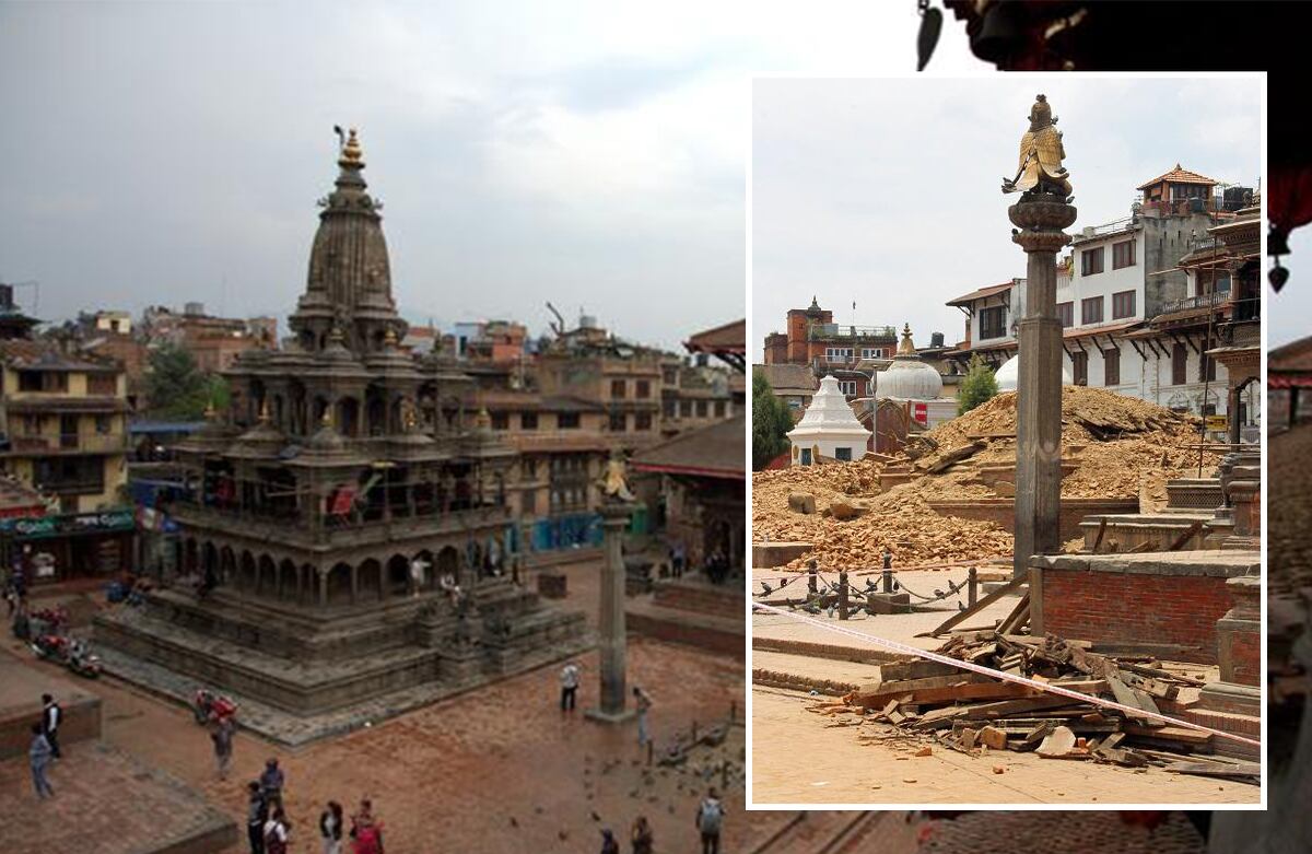 Uno de los templos de la Plaza Durbar quedó destruido en la ciudad de Patan, Nepal. El terremoto fue lo suficientemente fuerte como para sentirse en la India, Bangladés, Tíbet y Pakistán.