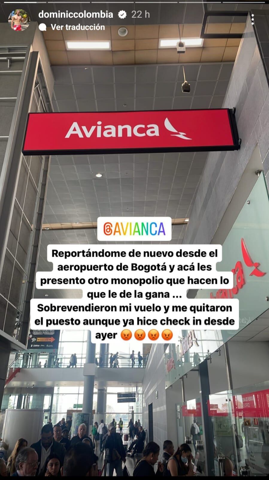 El reclamo de Dominic Wolf contra Avianca. Tomado de @dominiccolombia