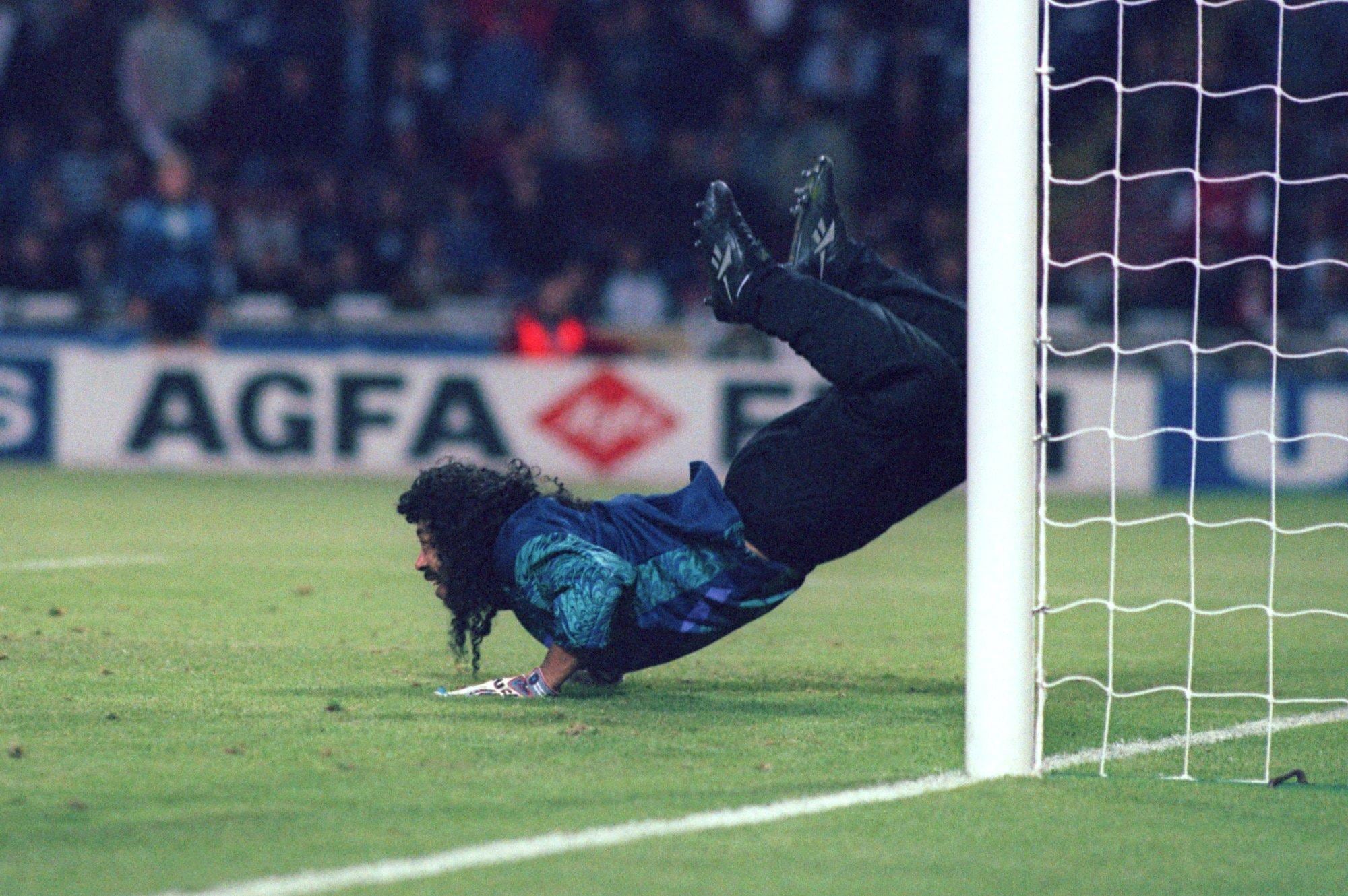 Colombian goalkeeper Rene Higuita clears the ball with an overhead kick, during the England v Colombia match at Wembley.  (Photo by EMPICS Sport - PA Images via Getty Images)