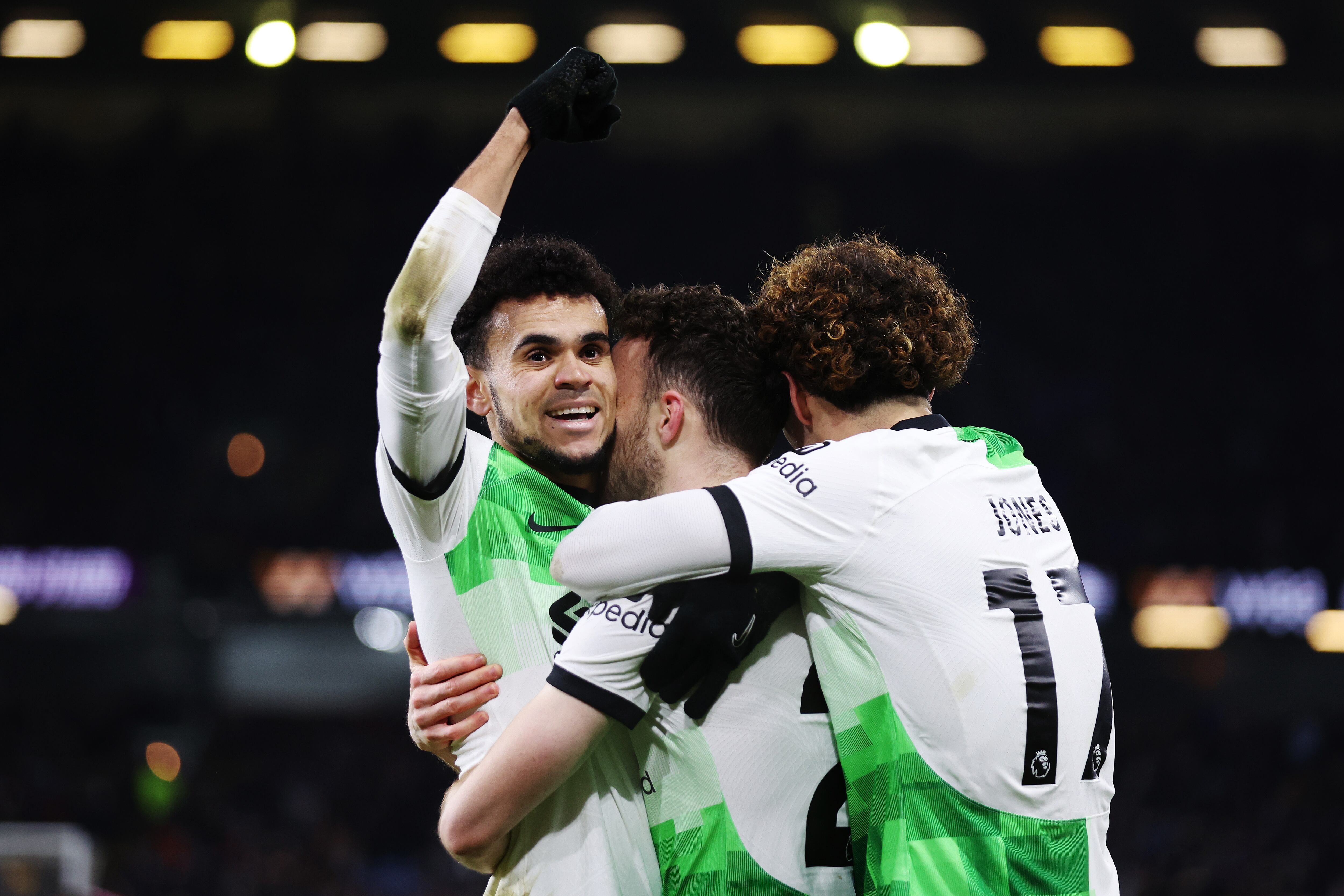 BURNLEY, ENGLAND - DECEMBER 26: Diogo Jota of Liverpool celebrates with Luis Diaz of Liverpool after scoring their team's second goal during the Premier League match between Burnley FC and Liverpool FC at Turf Moor on December 26, 2023 in Burnley, England. (Photo by Lewis Storey/Getty Images)