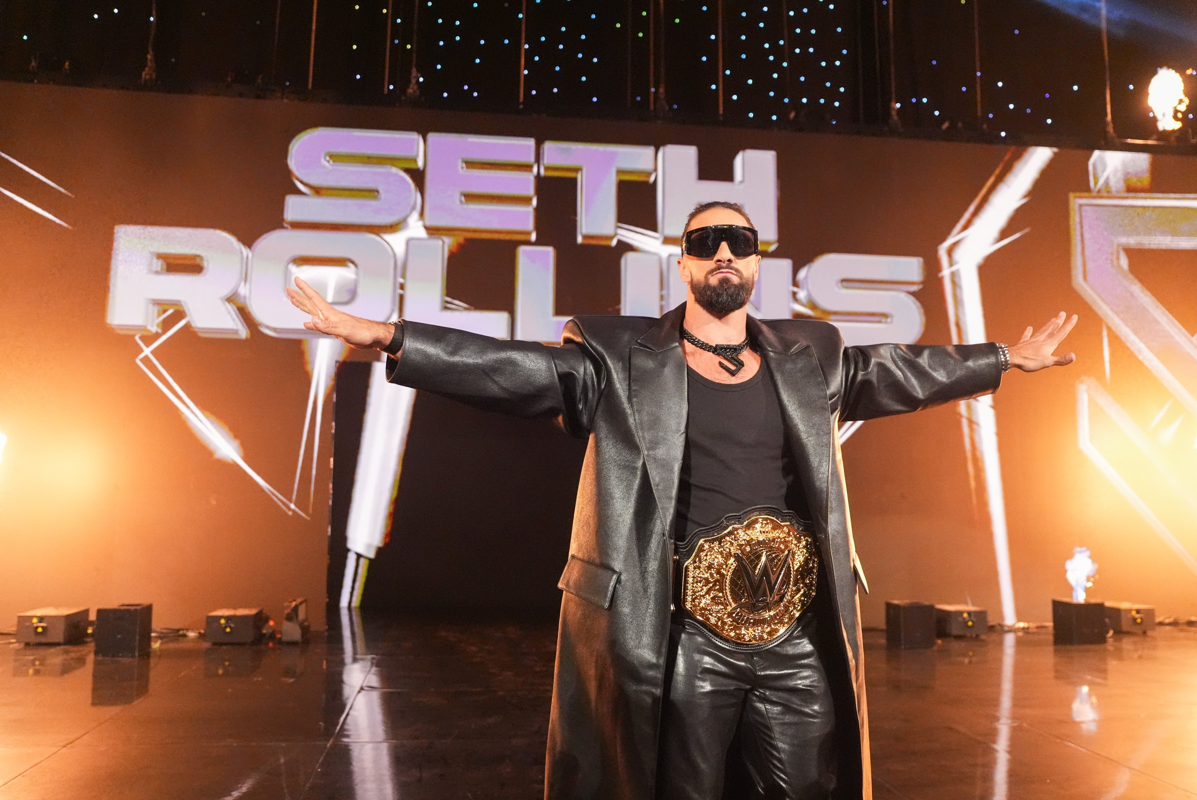 RALEIGH, NORTH CAROLINA - SEPTEMBER 29: Seth Rollins make's his entrance during Monday Night RAW at Lenovo Center on September 29, 2025 in Raleigh, North Carolina. (Photo by Craig Melvin/WWE via Getty Images)