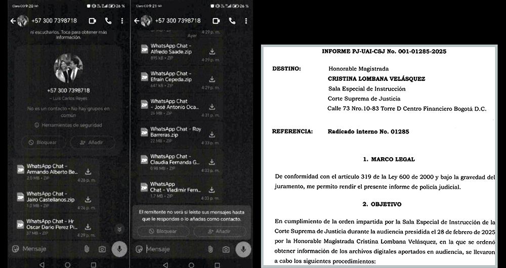 La magistrada de la Sala de Instrucción de la Corte Suprema de Justicia, Cristina Lombana, ordenó a la policía judicial el recaudo de los archivos digitales del celular.