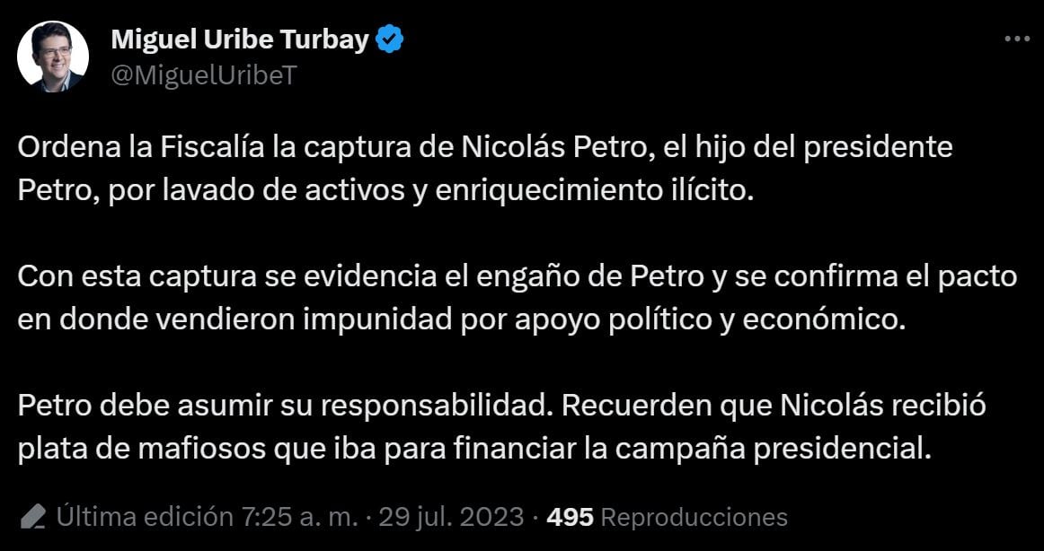 Trinos sobre captura Nicolás Petro