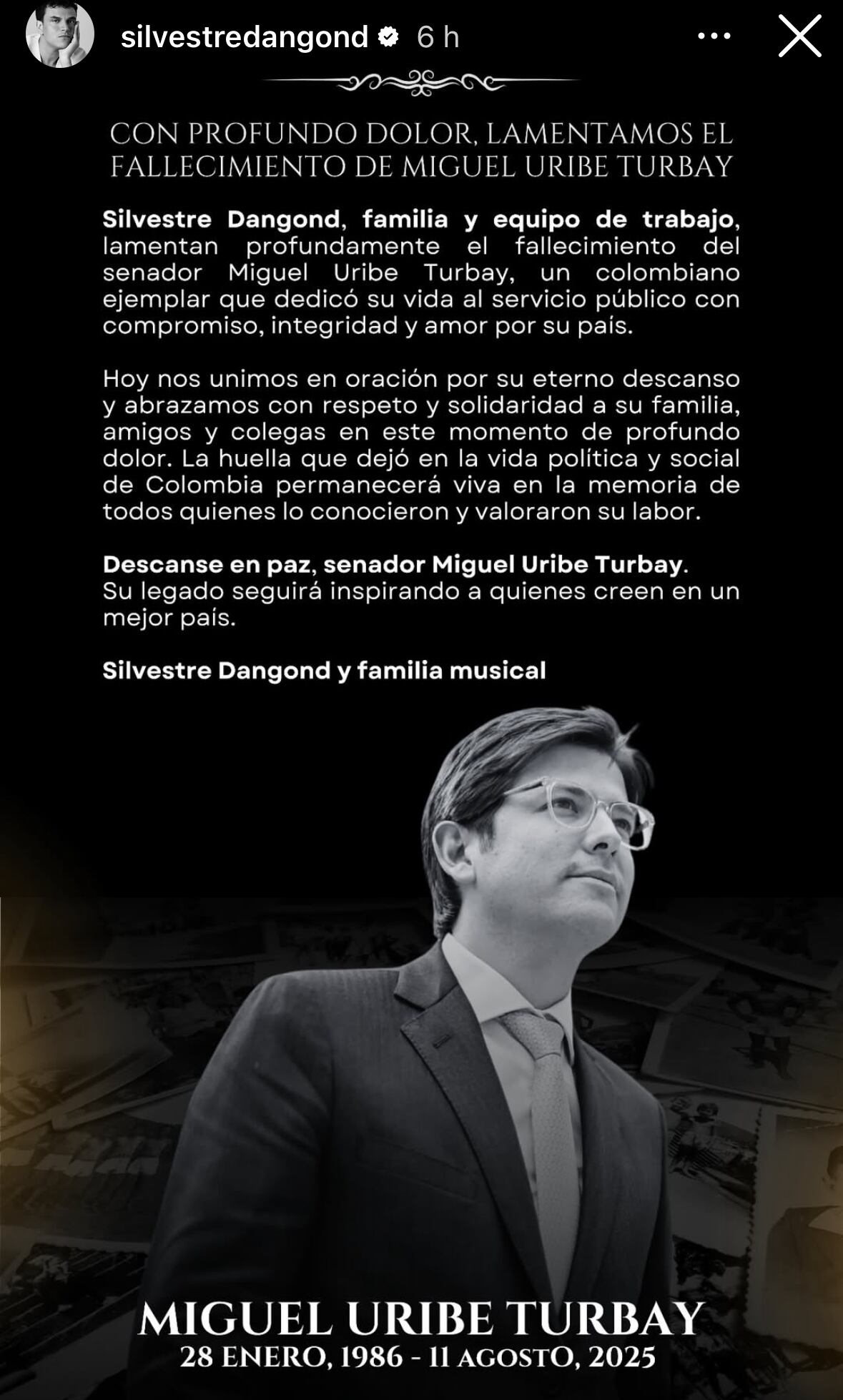 Silvestre Dangond publicó emotivo mensaje tras la muerte del político.