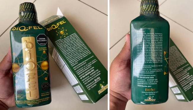 Alimento líquido para preparar bebida de plantas aromáticas con borojó y chontaduro con marca “biQ-FEL”.