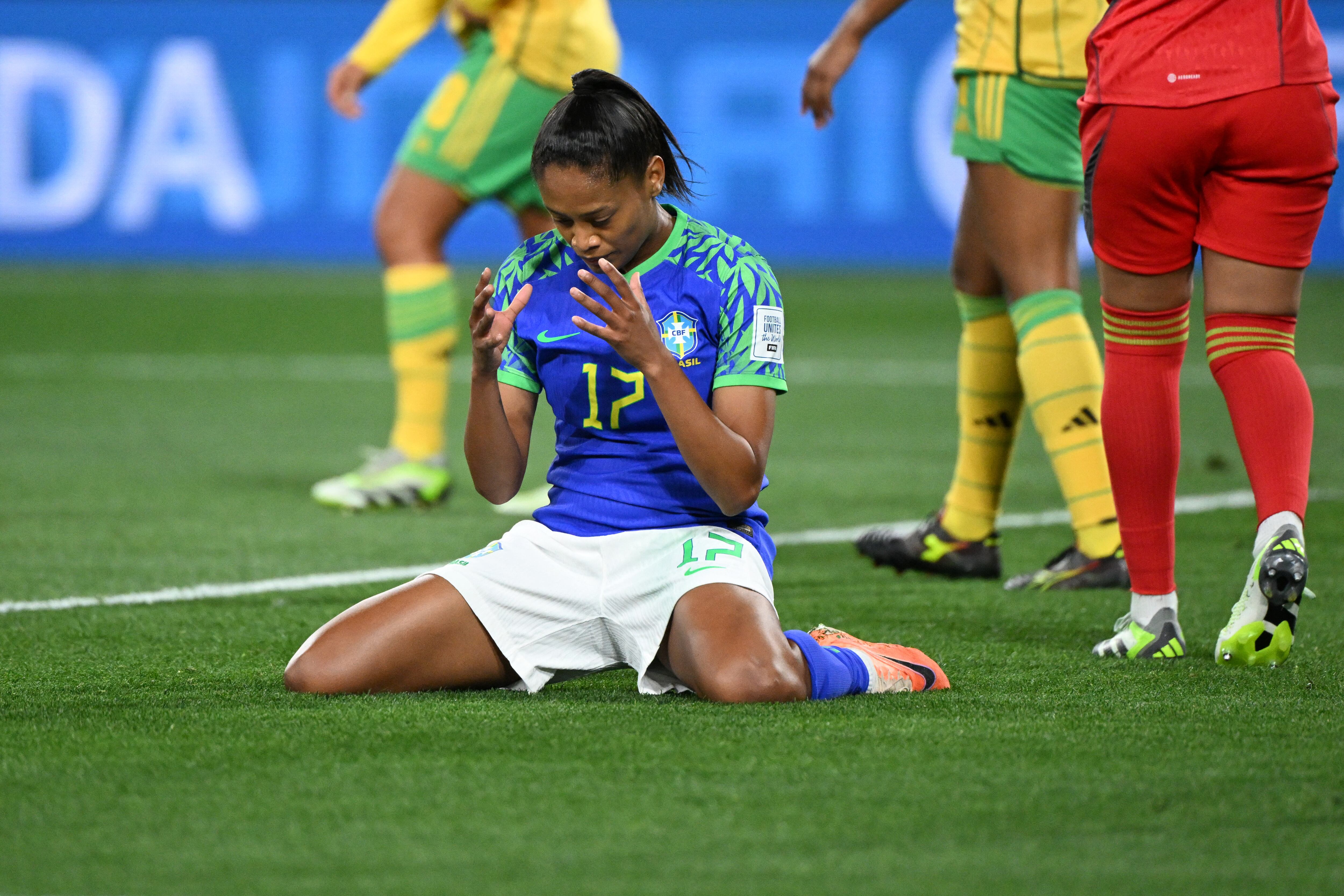 Brazil's midfielder #17 Ariadina Borges reacts during the Australia and New Zealand 2023 Women's World Cup Group F football match between Jamaica and Brazil at Melbourne Rectangular Stadium, also known as AAMI Park, in Melbourne on August 2, 2023. (Photo by WILLIAM WEST / AFP)