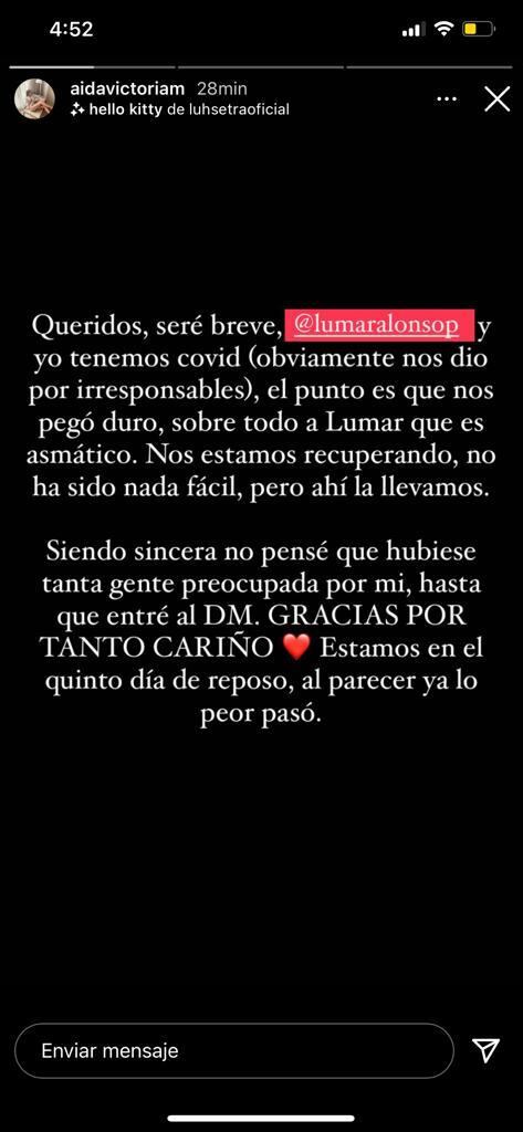 Hija de Aida Merlano tiene covid. Instagram: @aidavictoriam