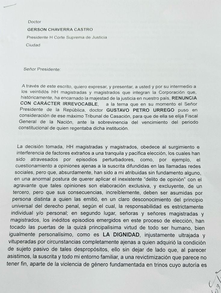 Amelia Pérez  carta renuncia