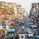 Tram, buses & traffic, central Kolkata, West Bengal, India