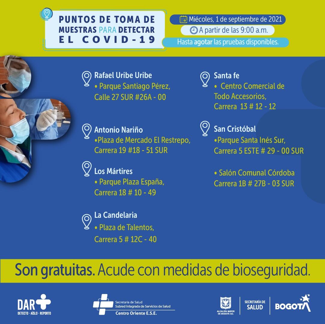 Pruebas gratis de covid 19 hoy 1 de septiembre en Bogotá: estos son los puntos de atención