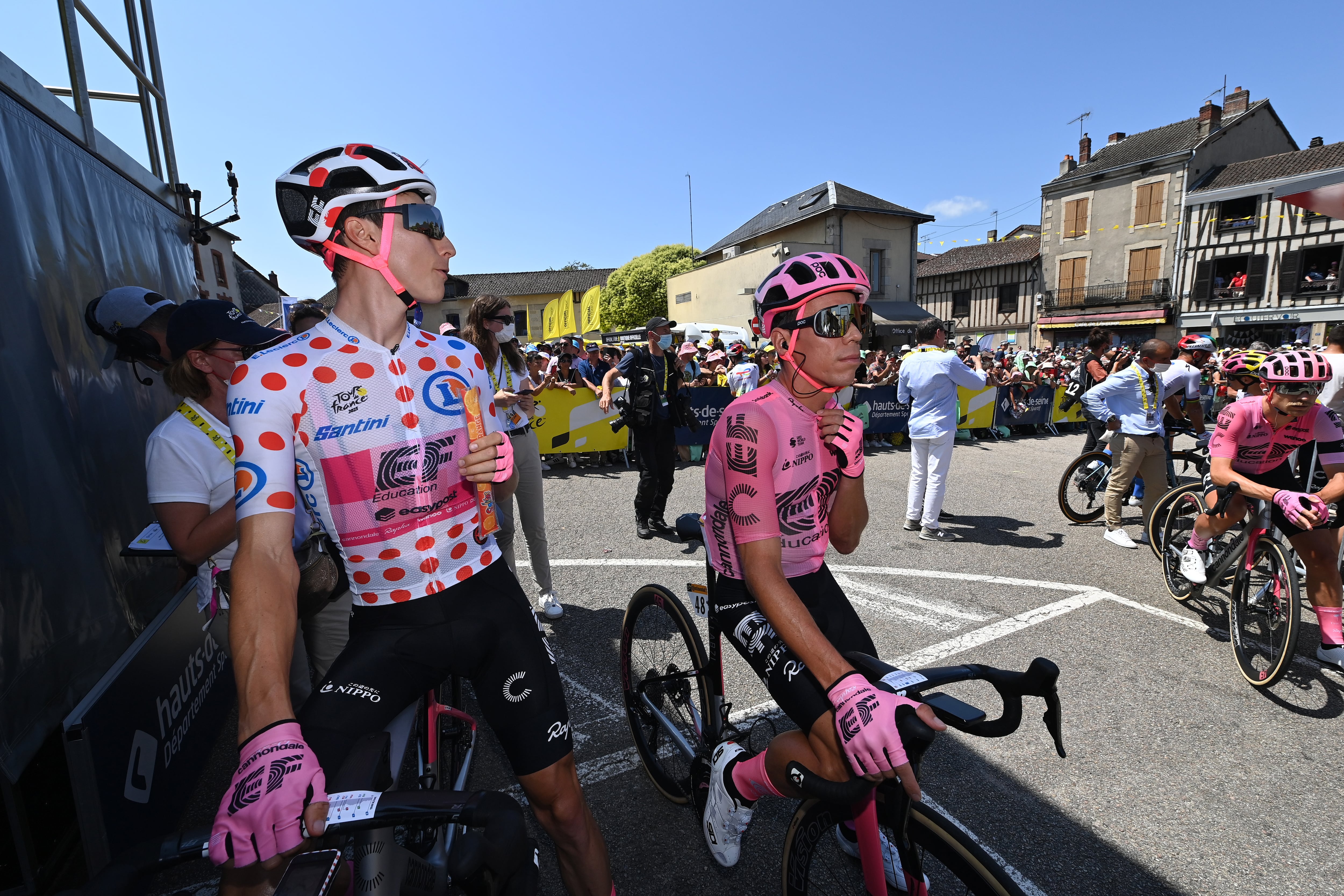 SAINT-LÉONARD-DE-NOBLAT, FRANCE - JULY 09: (L-R) Neilson Powless of The United States - Polka Dot Mountain Jersey and Rigoberto Uran of Colombia and Team EF Education-EasyPost prior to the stage nine of the 110th Tour de France 2023 a 182.4km stage from Saint-Léonard-de-Noblat to Puy de Dôme 1412m / #UCIWT / on July 09, 2023 in Saint-Léonard-de-Noblat, France. (Photo by Tim de Waele/Getty Images)
