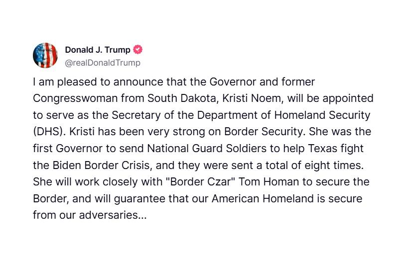 Noem, quien anteriormente fue representante de Dakota del Sur, ahora tendrá la tarea de supervisar una agencia en expansión que supervisa desde Aduanas y Protección Fronteriza y el Servicio de Migración y Control de Aduanas hasta la Agencia Federal para el Manejo de Emergencias y el Servicio Secreto.