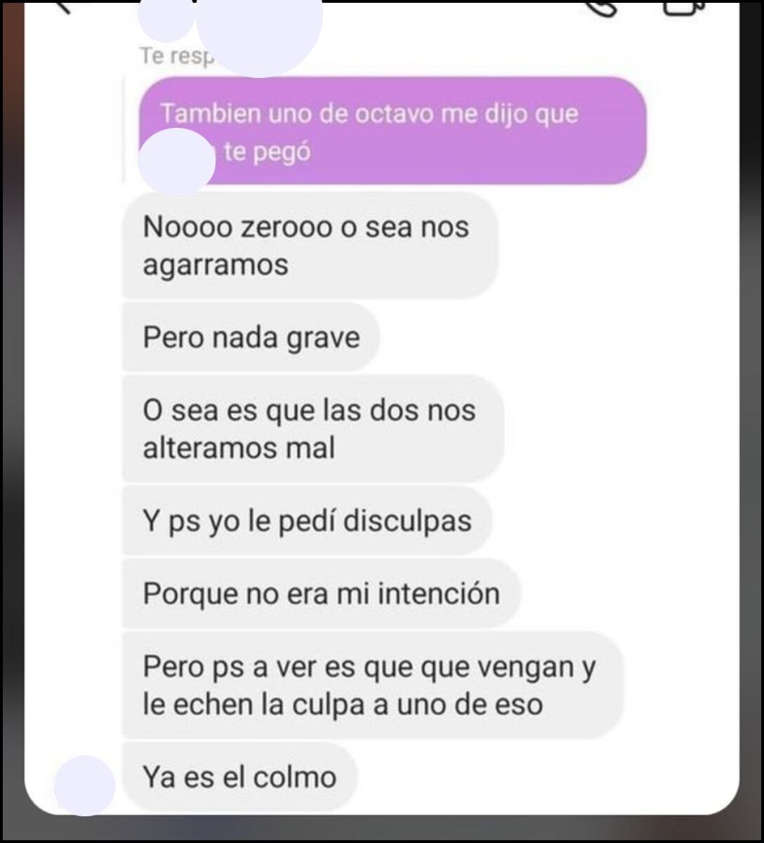 Chat con pruebas de disculpas de presunta víctima a presunta agresora