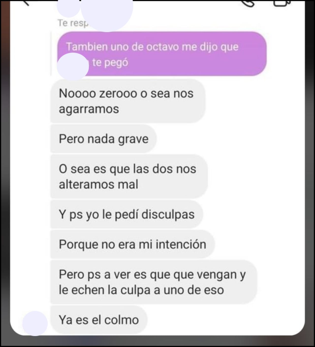 Chat con pruebas de disculpas de presunta víctima a presunta agresora