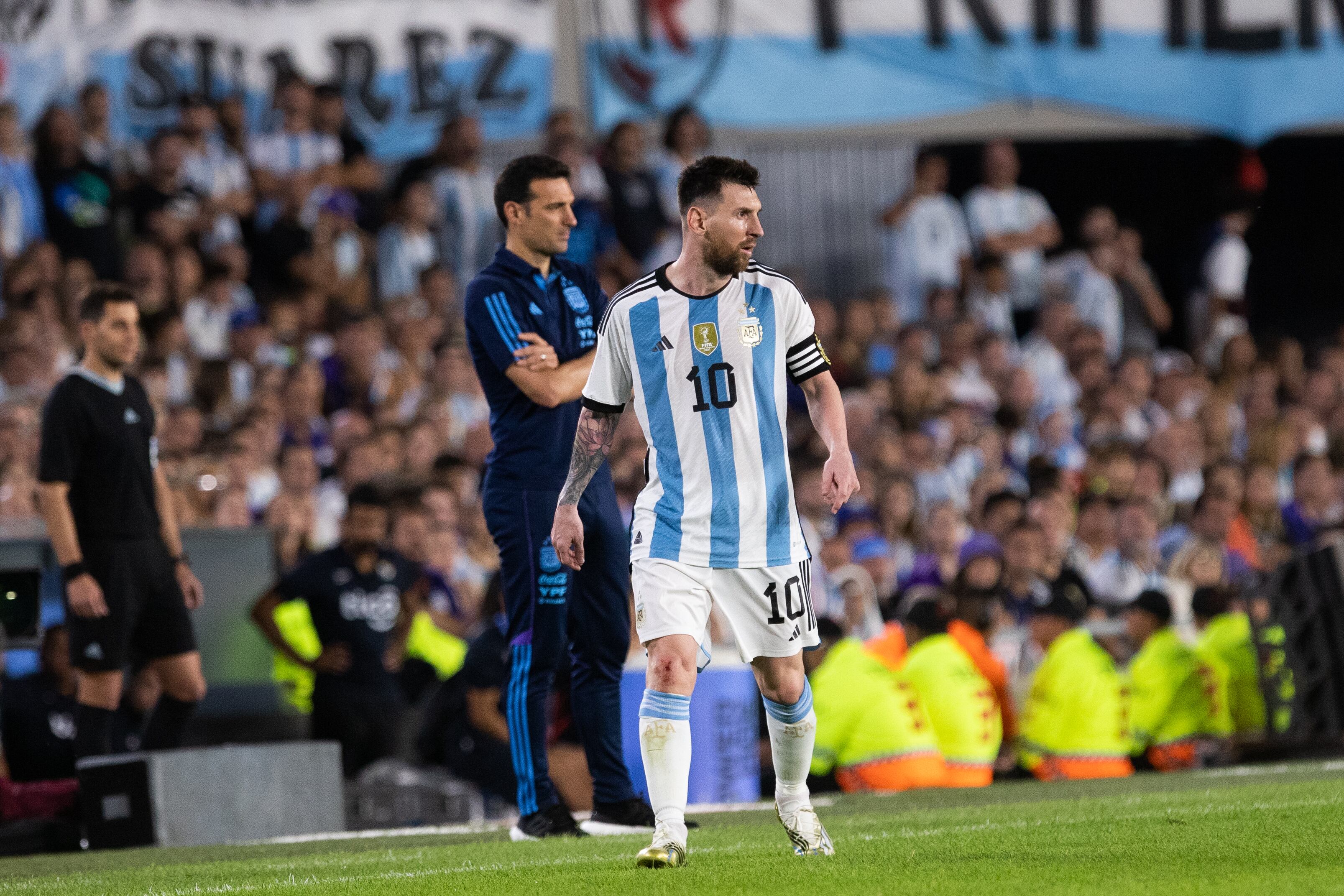 Argentina?s Lionel Messi and Lionel Scaloni stand during a match against Panama at the Monumental stadium in Buenos Aires, Argentina, March 23, 2023. (Photo by Matias Baglietto/NurPhoto via Getty Images)