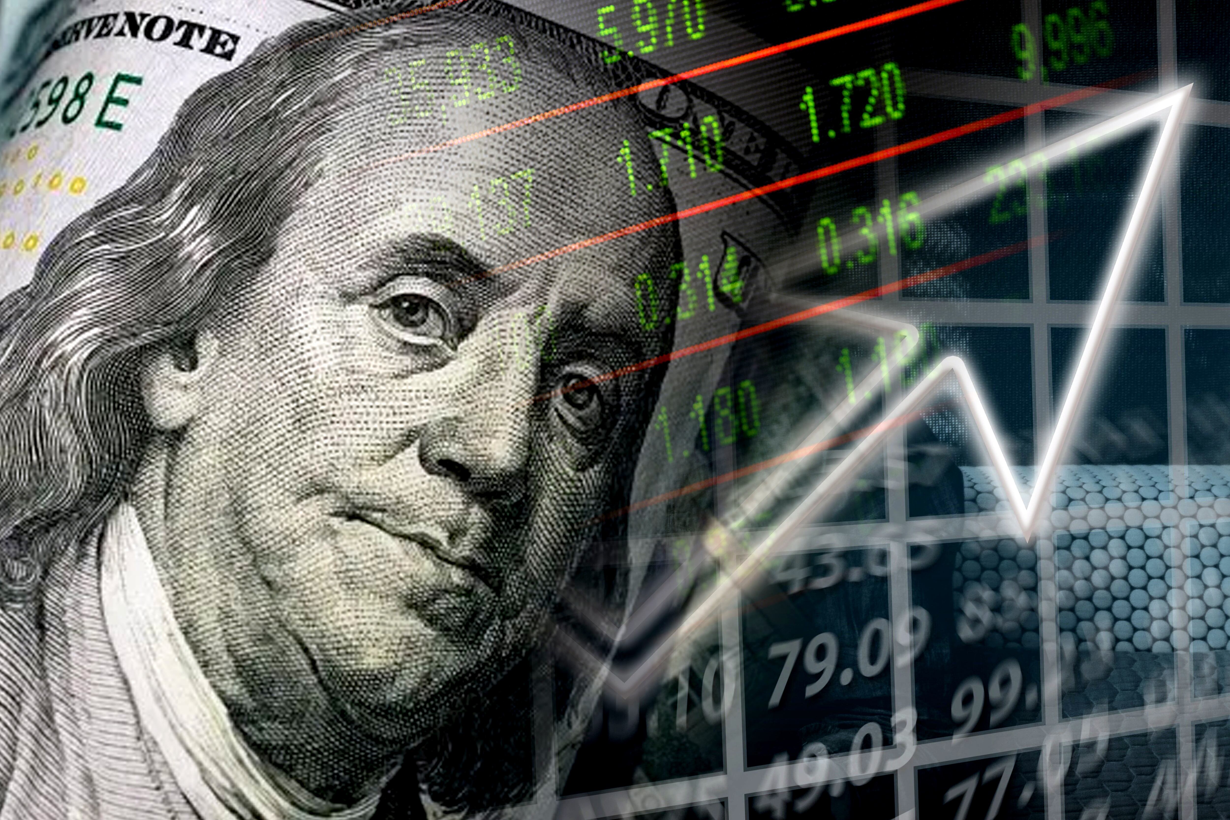 Up arrow, 100 dollar bills in cash and stock market indicators (money, business, finance, crisis, success, devaluation, inflation)