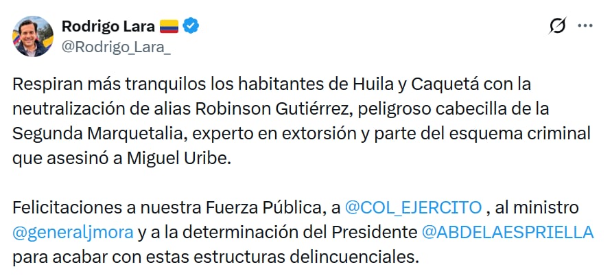 Mensaje de Rodrigo Lara tras la muerte de alias Robinson Gutiérrez.
