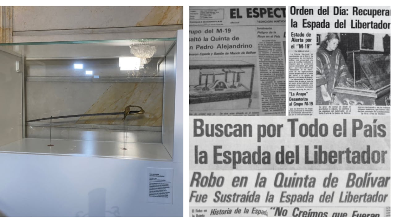 Espada de Bolívar, en la Casa de Nariño. A la derecha, los reportes de prensa de la época