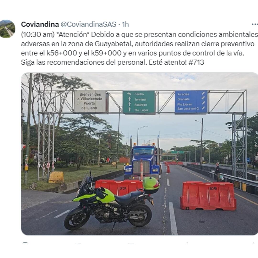 Tweet de @CoviandinaSAS informando del estado actual de la vía al llano.