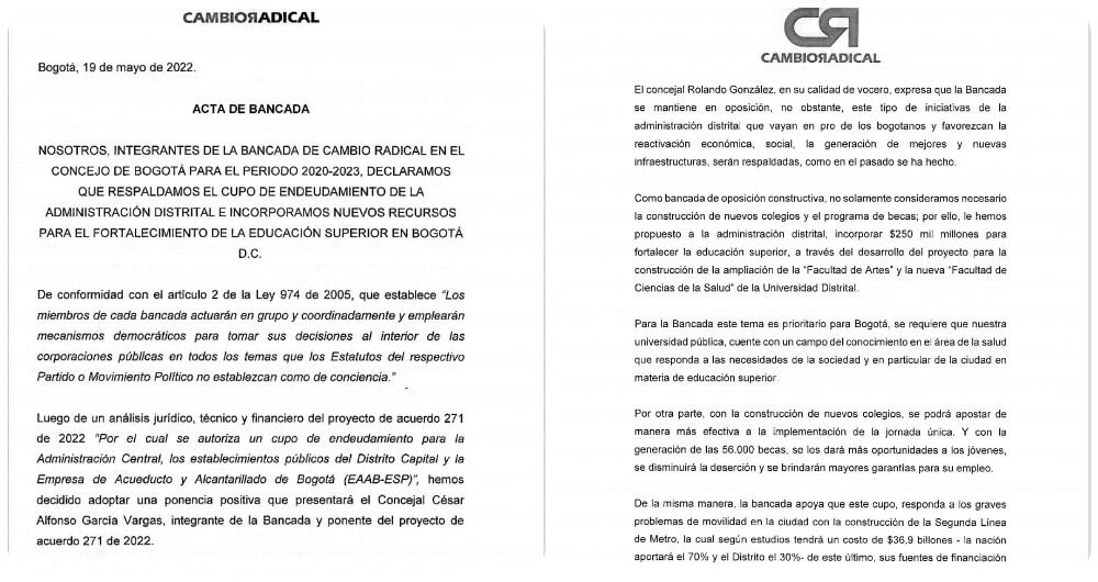 Acta de la bancada de Cambio Radical en el Concejo por medio de la cual se decidió apoyar el cupo de endeudamiento.