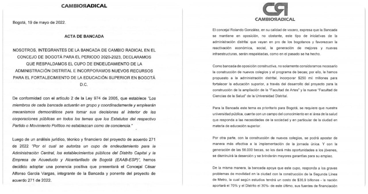 Acta de la bancada de Cambio Radical en el Concejo por medio de la cual se decidió apoyar el cupo de endeudamiento.