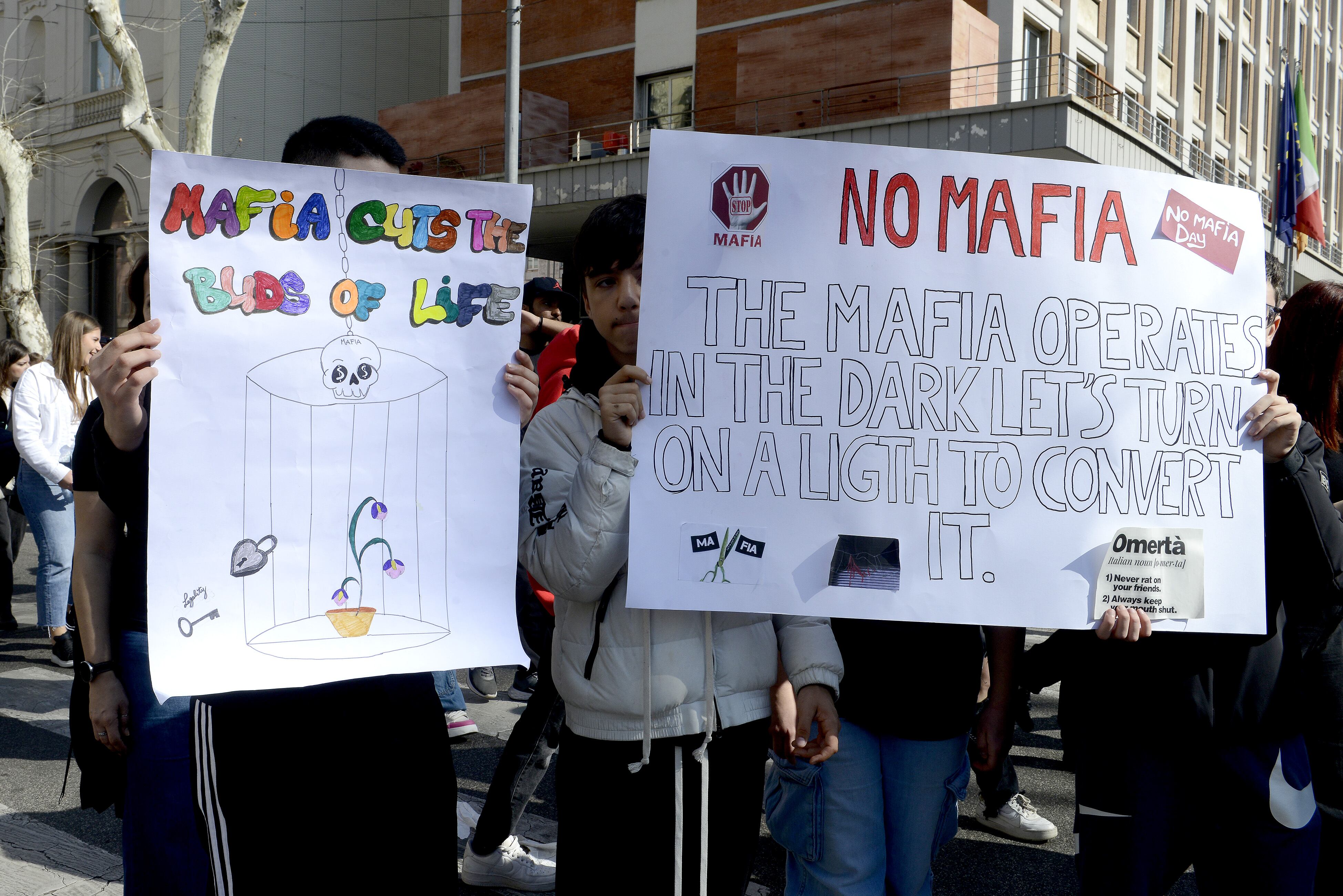 ROME, ITALY - MARCH 21: People, including many students and school groups with signs bearing anti Mafia messages and names of Mafia victims, participate in a demonstration on the National Day of Remembrance for Mafia victims on March 21, 2024 in Rome, Italy. Every year on March 21st the Libera network, founded by Don Luigi Ciotti, remembers the innocent victims of all the mafias with a public and official ceremony. (Photo by Simona Granati - Corbis/Corbis via Getty Images)