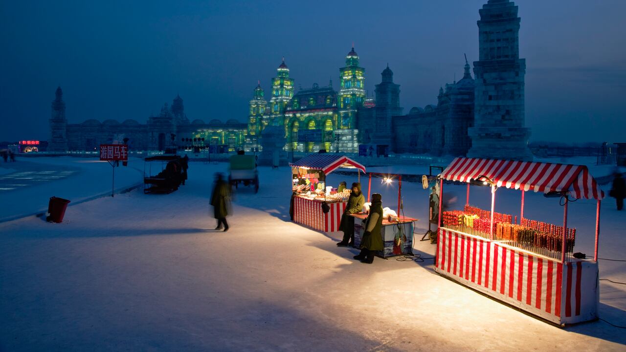 CHINA-Heilongjiang-HAERBIN (Harbin): Festival Mundial de Hielo y Nieve de Haerbin - Todos los edificios están construidos de hielo - Estación de tren de hielo con tienda de bocadillos y zoológico de mascotas con zorros árticos