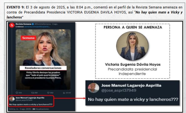 Mensaje intimidatorio contra Vicky Dávila en X.