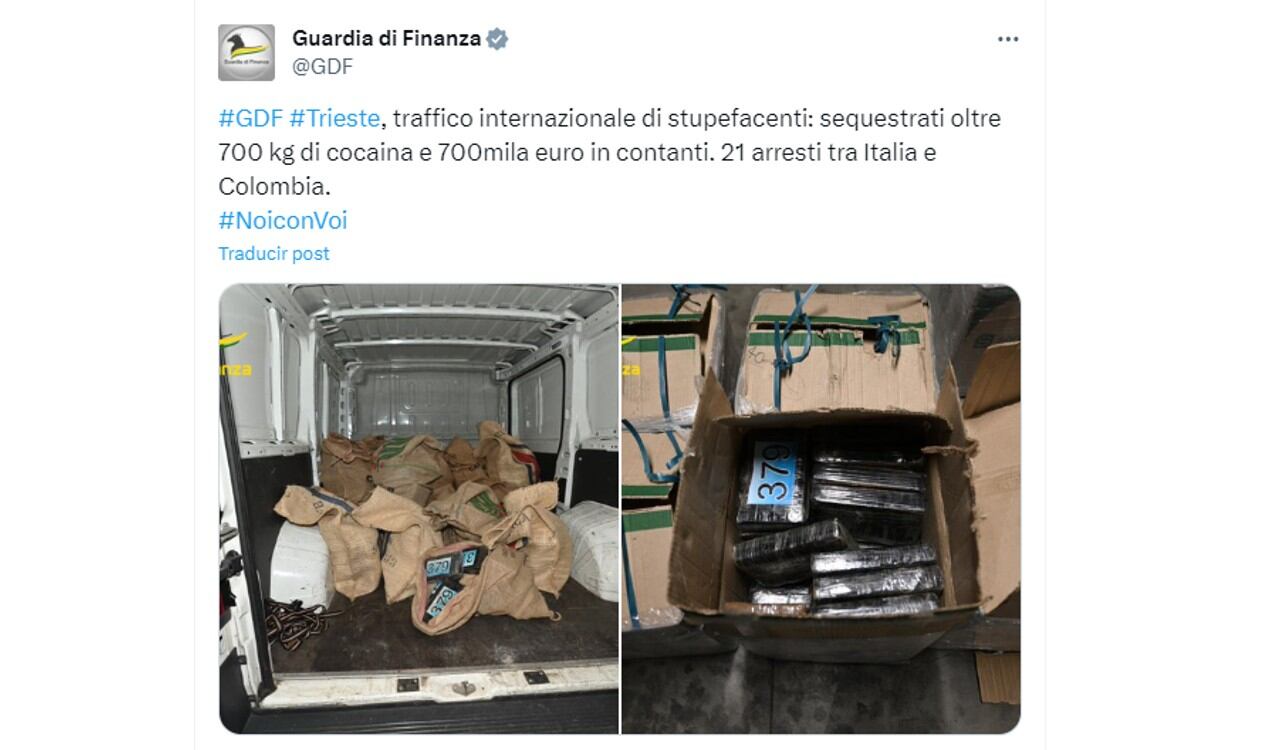 Así informó la Guardia di Finanza la incautación de cocaína