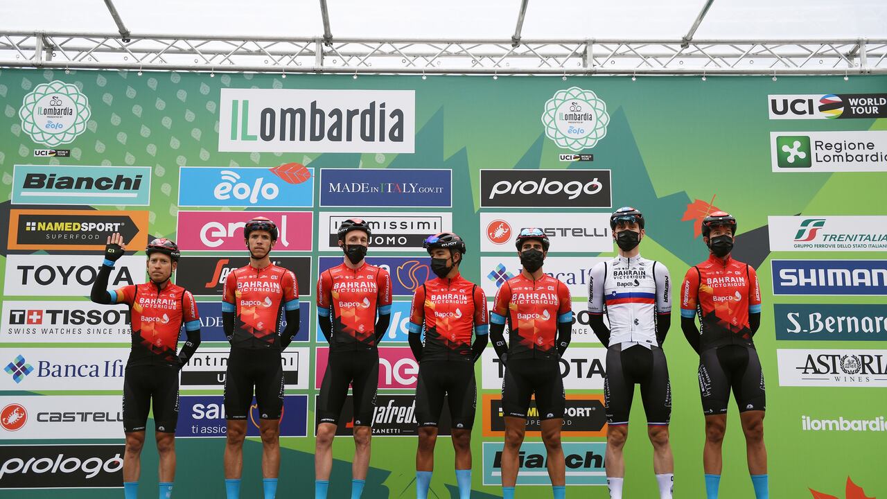 BERGAMO, ITALY - OCTOBER 09: Dylan Teuns of Belgium, Santiago Buitrago Sanchez of Colombia, Mikel Landa Meana of Spain, Matej Mohoric of Slovenia, Domen Novak of Slovenia, Hermann Pernsteiner of Austria, Stephen Williams of United Kingdom and Team Bahrain Victorious during the team presentation prior to the 115th Il Lombardia 2021 a 239km race from Como to Bergamo / #ilombardia / #UCIWT / on October 09, 2021 in Bergamo, Italy. (Photo by Tim de Waele/Getty Images)