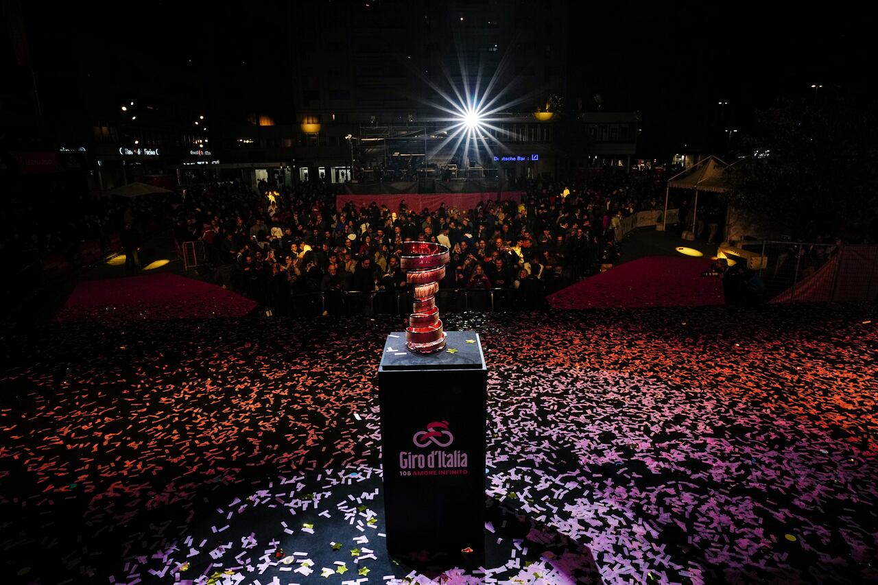 The trophy is illuminated during the team presentation of Giro d'Italia 2023 at Piazza Salotto, in Pescara, Italy, Thursday, May 4, 2023. (Marco Alpozzi/LaPresse via AP)