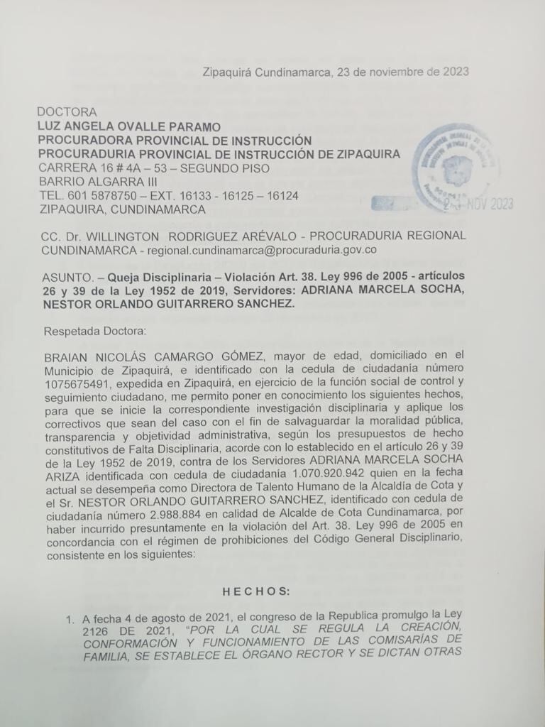 Queja disciplinaria donde se pide a la Procuraduría investigar las presuntas irregularidades.