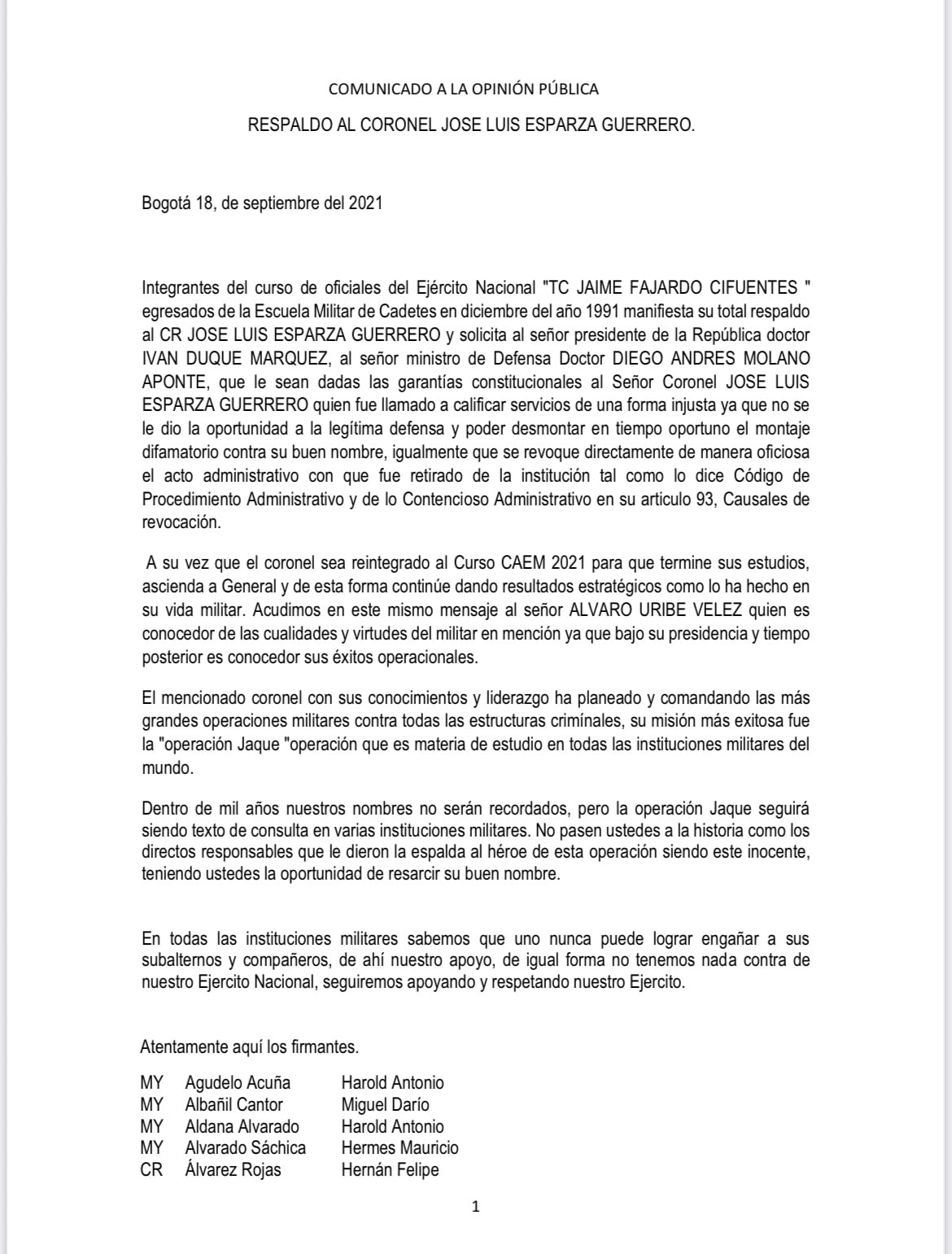 Carta abierta apoyo coronel Esparza