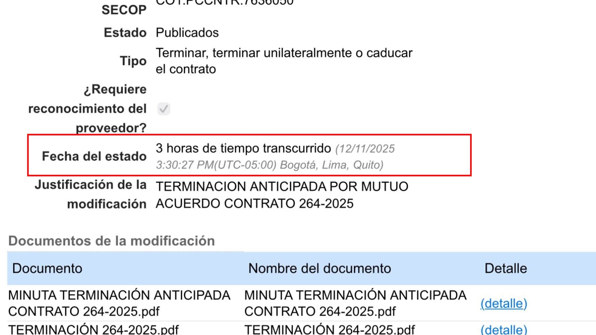 Terminación de contrato con Cancillería Lalis.