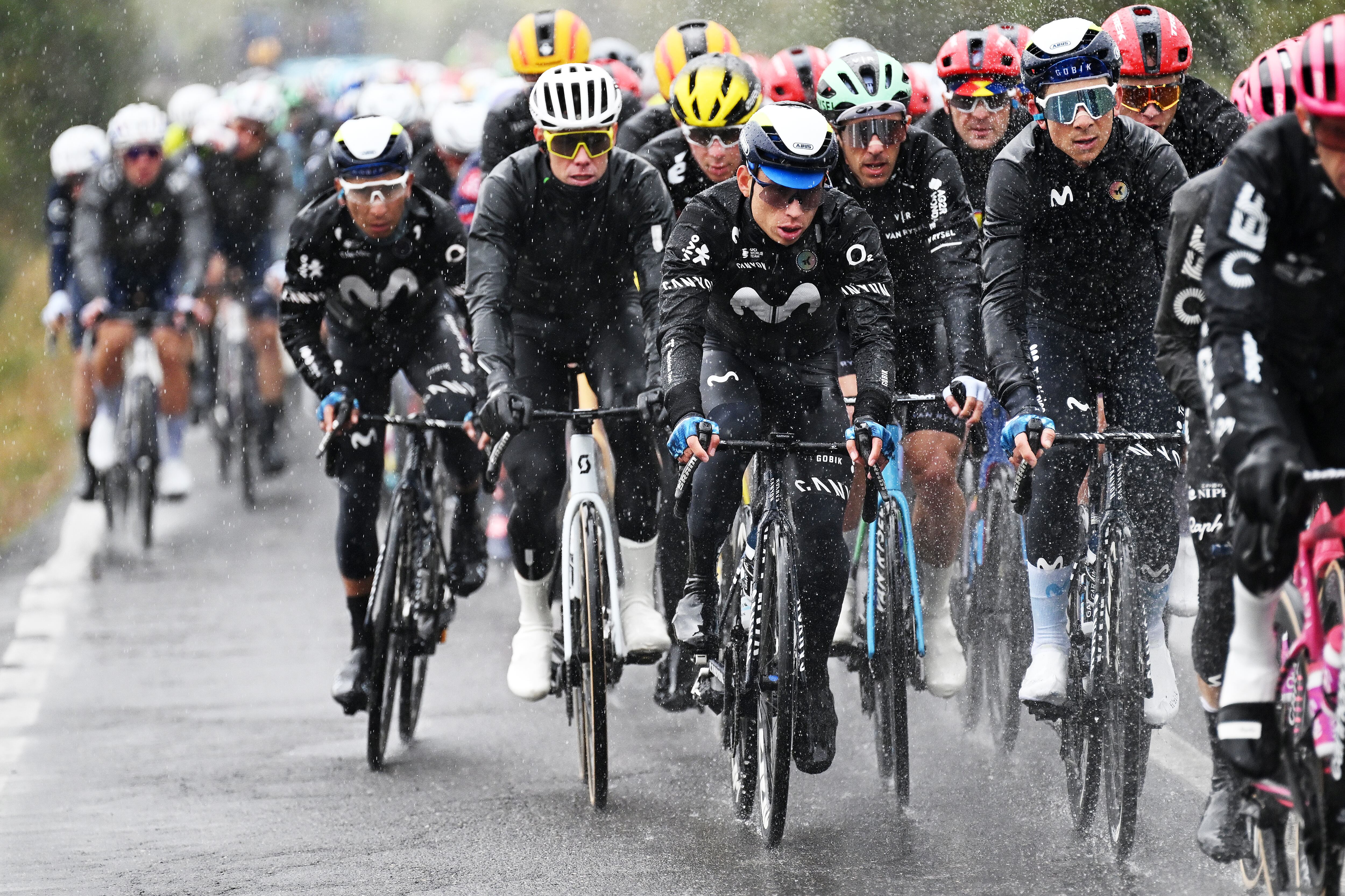 COLFIORITO, ITALY - MARCH 12: (L-R) Einer Rubio of Colombia and Davide Formolo of Italy and Movistar Team compete during to the 60th Tirreno-Adriatico 2025, Stage 3 a 239km stage from Follonica to Colfiorito / #UCIWT / on March 12, 2025 in Colfiorito, Italy. (Photo by Tim de Waele/Getty Images)