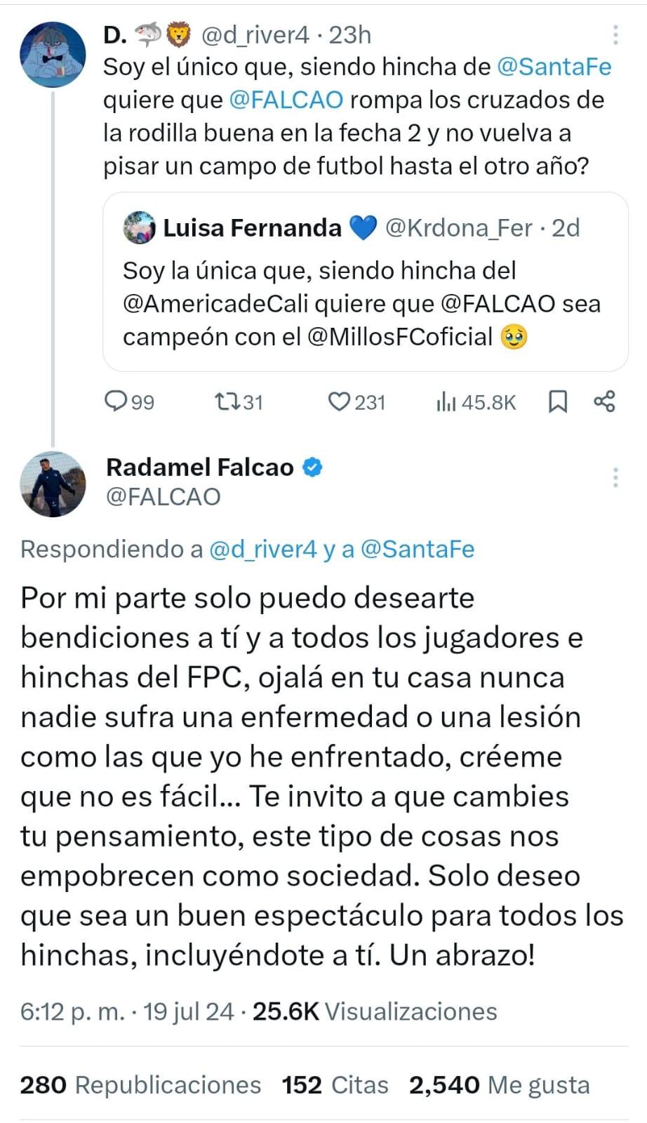 Esta fue la respuesta de Falcao al comentario del hincha.