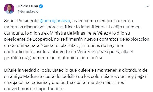 David Luna crítica a Petro.