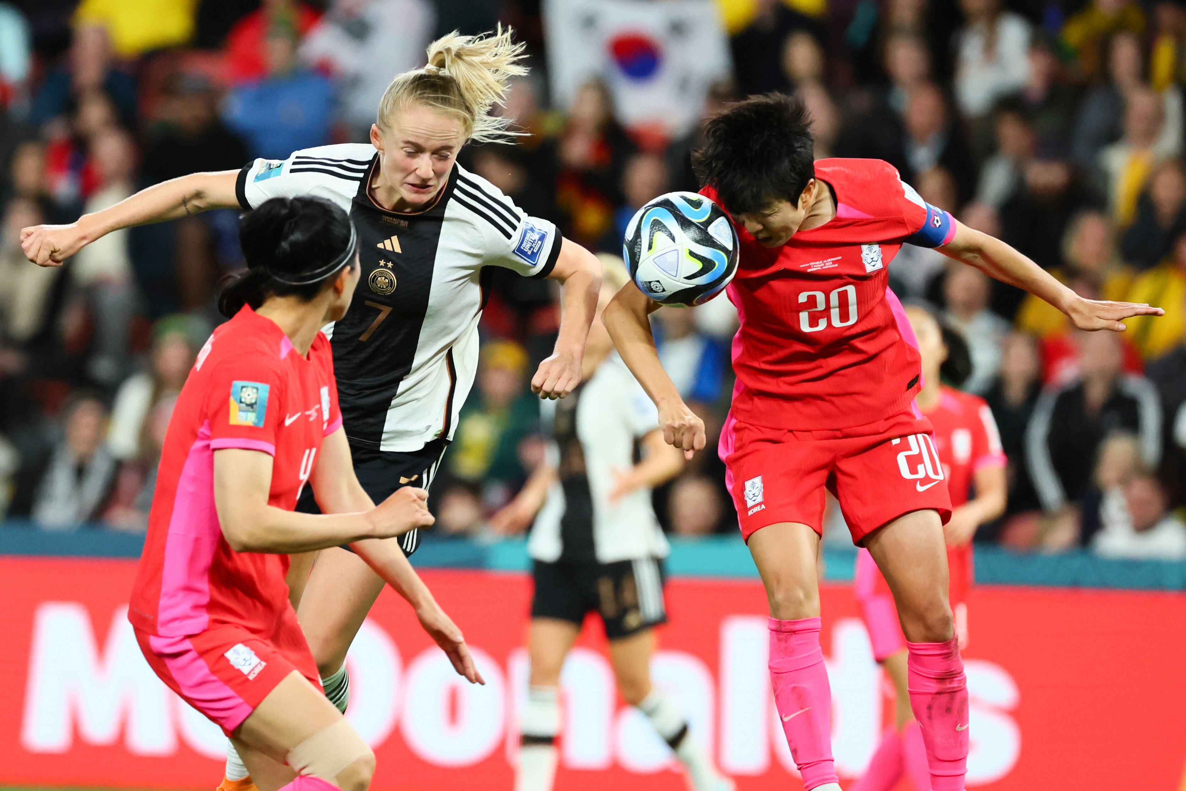 Germany's Lea Schueller and South Korea's Kim Hye-ri, right, compete to head the ball during the Women's World Cup Group H soccer match between South Korea and Germany in Brisbane, Australia, Thursday, Aug. 3, 2023. (AP Photo/Tertius Pickard)