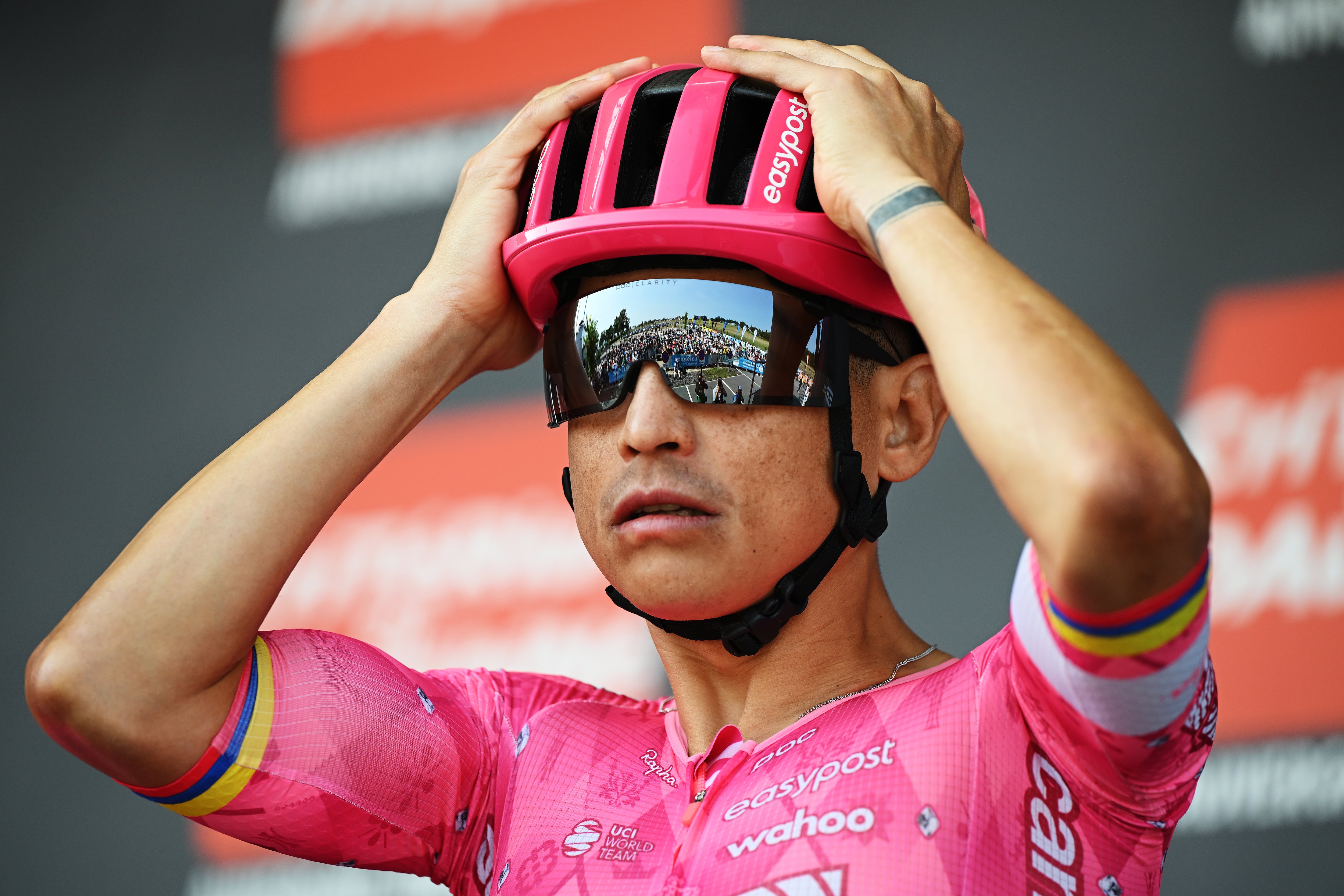 ISSOIRE, FRANCE - JUNE 09: Esteban Chaves of Colombia and Team EF Education - EasyPost prior to the 77th Criterium du Dauphine 2025, Stage 2 a 204.6km stage from Premilhat to Issoire / #UCIWT / on June 09, 2025 in Issoire, France. (Photo by Dario Belingheri/Getty Images)