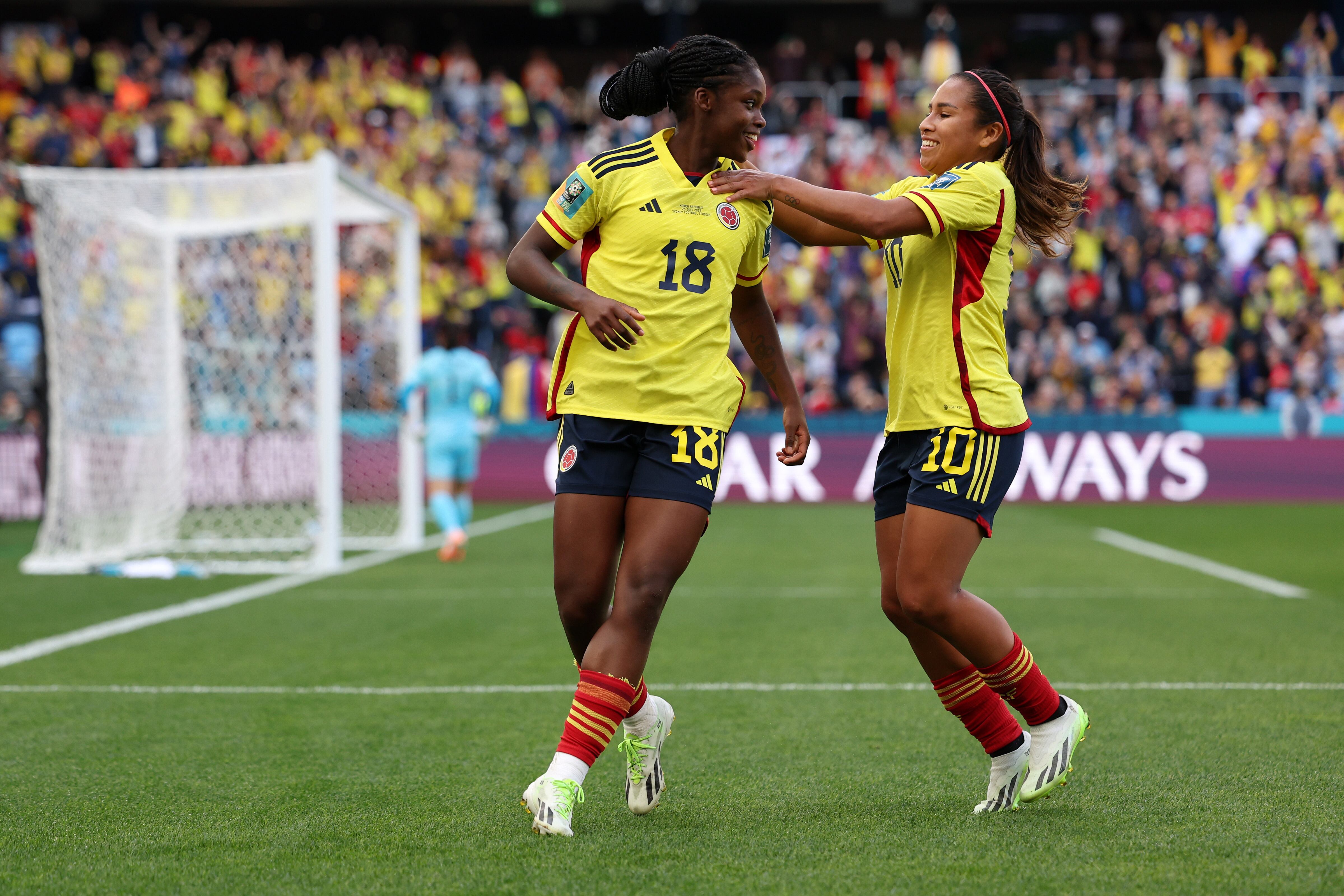 SYDNEY, AUSTRALIA - JULY 25: Linda Caicedo (L) of Colombia celebrates with teammate Leicy Santos (R) after scoring her team's second goal during the FIFA Women's World Cup Australia & New Zealand 2023 Group H match between Colombia and Korea Republic at Sydney Football Stadium on July 25, 2023 in Sydney, Australia. (Photo by Maddie Meyer - FIFA/FIFA via Getty Images)