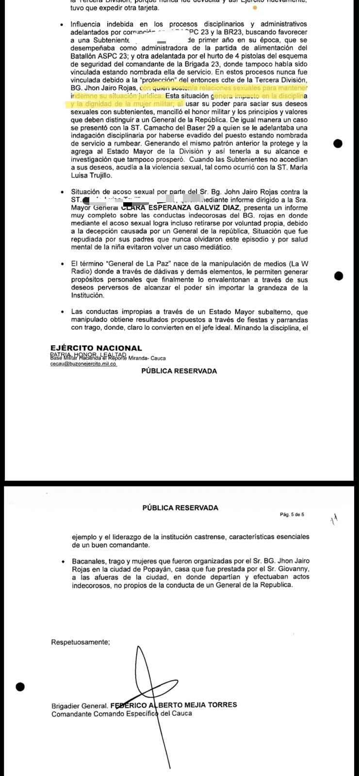 Subteniente afirmó que es falso el informe donde se hace referencia a situaciones sexuales con el general Jhon Rojas. En el documento aparece el nombre y la que sería la firma del general Federico Mejía.
