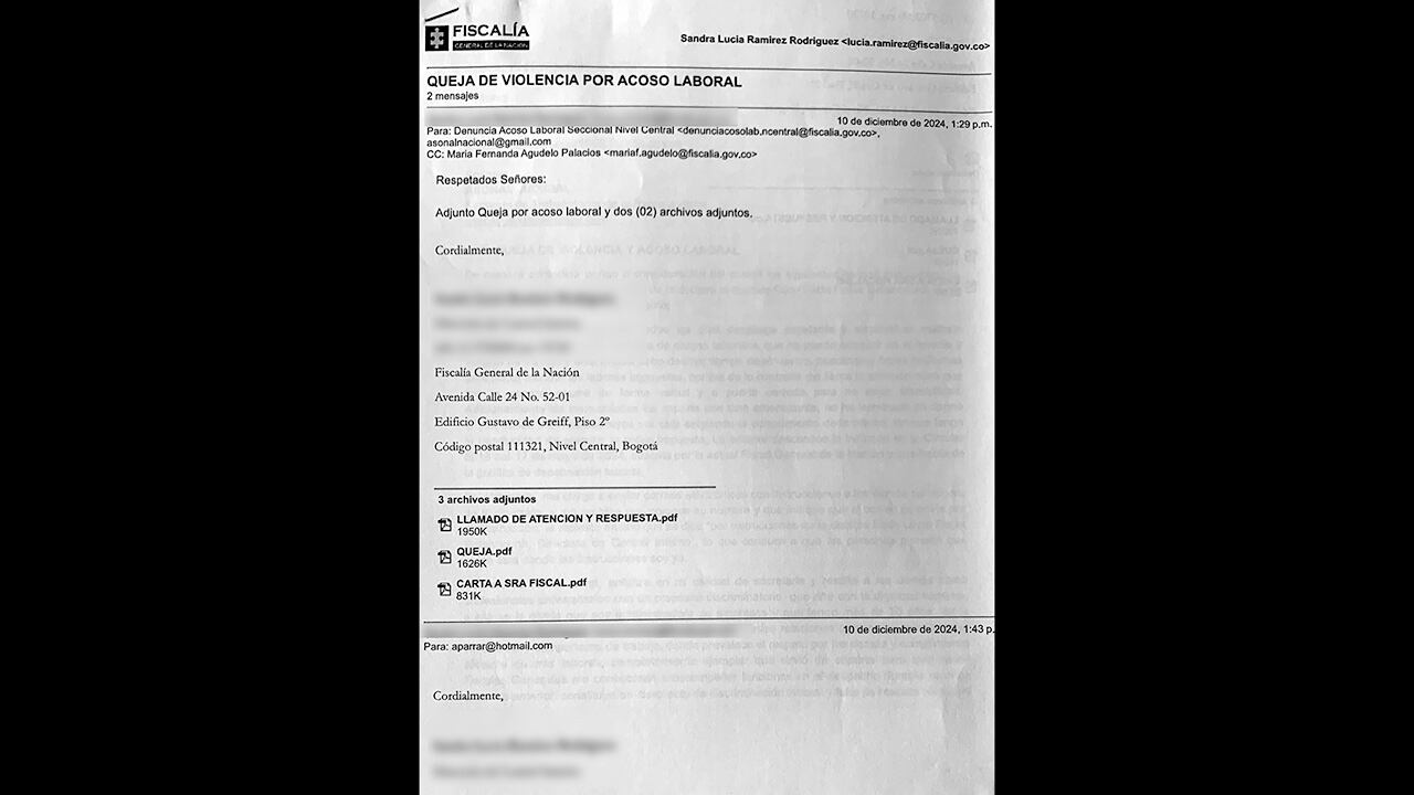 Documento que queja por acoso laboral dentro de la Fiscalía.