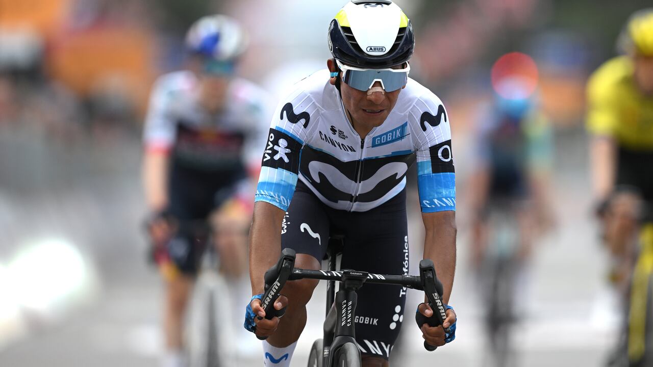 TIRANA, ALBANIA - MAY 09: Nairo Quintana of Colombia and Movistar Team crosses the finish line the 108th Giro d'Italia 2025, Stage 1 a 160km stage from Durres to Tirana / #UCIWT / on May 09, 2025 in Tirana, Albania. (Photo by Dario Belingheri/Getty Images)