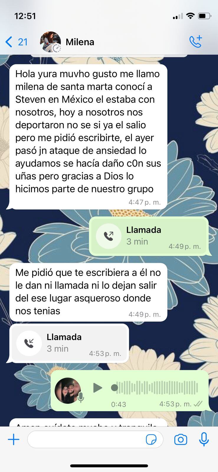 Este es el chat de la testigo, contando el maltrato que vive Esteban en México